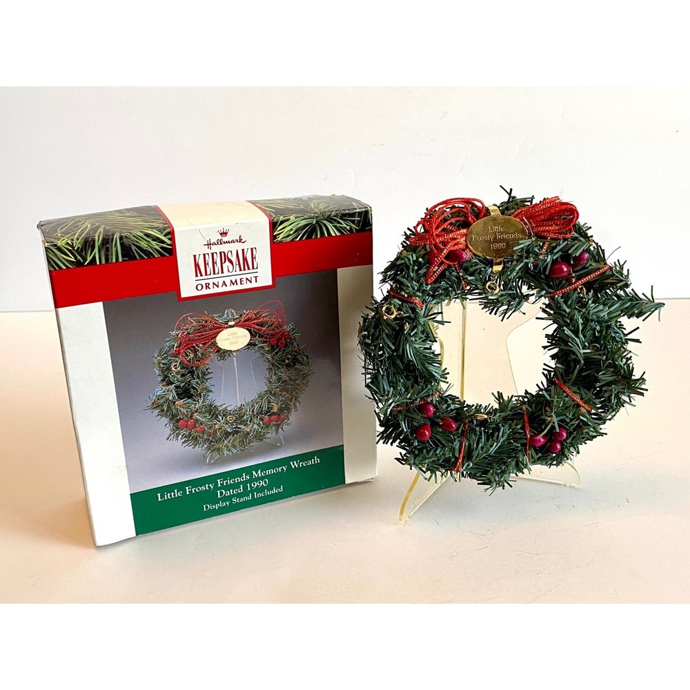 Hallmark 1990 Little Frosty Friends Memory Wreath Miniature Ornament Stand Box